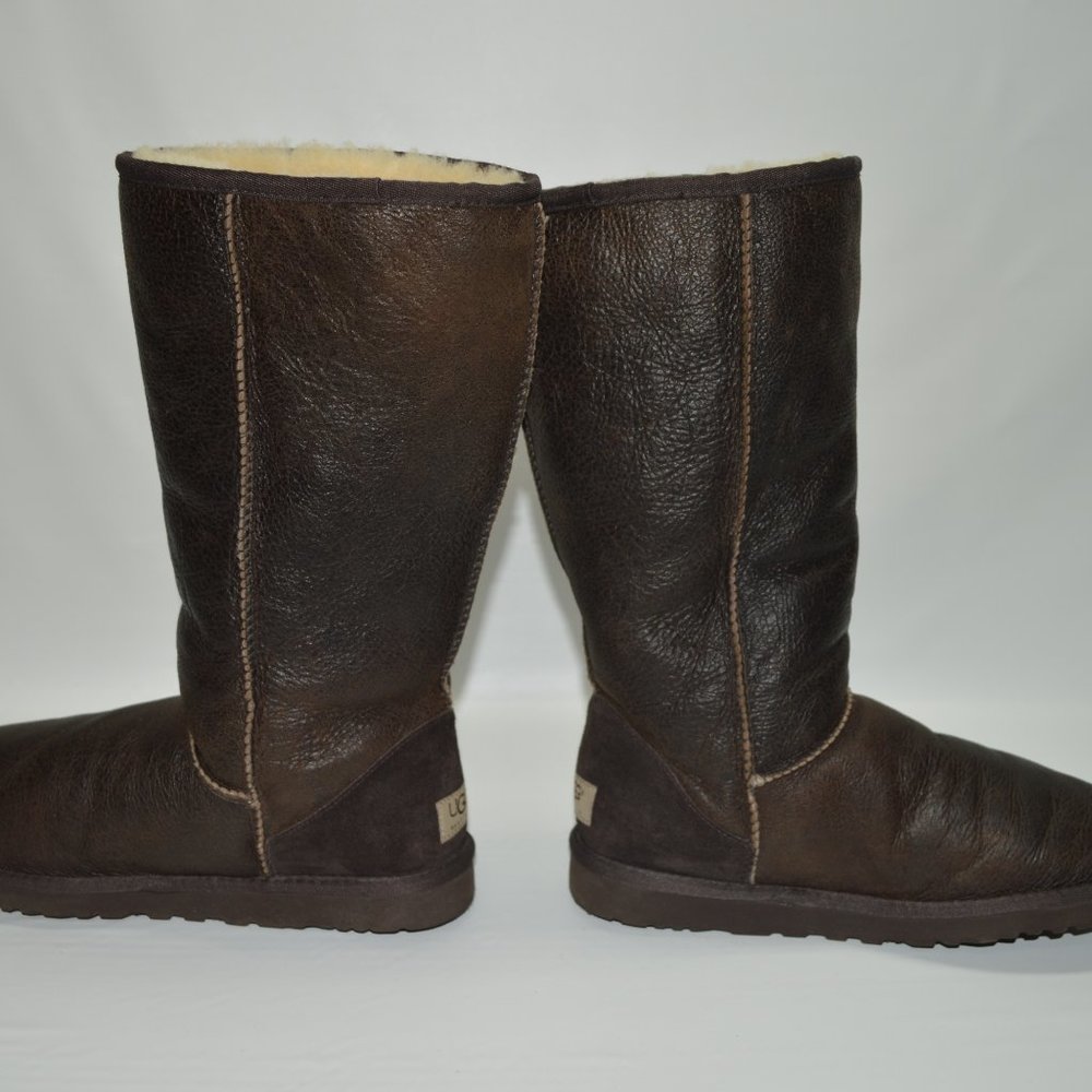 UGG Classic Tall Bomber Brown Leather Fur Lined - Picture 10 of 13